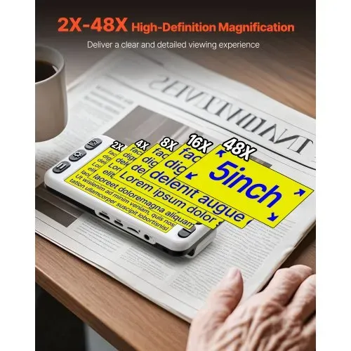 VEVOR Tragbare digitale Lupe, 5 Zoll HD elektronische Leselupe, Lesehilfe für Sehschwäche, 2- bis 48-facher Zoom, mit 13 MP Nah- & Fernobjektiv, 26 Farben, AV- & HDMI-Ausgang, klappbarer Griff VEVOR Tragbare digitale Lupe, 5 Zoll HD elektronische Leselupe, Lesehilfe für Sehschwäche, 2- bis 48-facher Zoom, mit 13 MP Nah- & Fernobjektiv, 26 Farben, AV- & HDMI-Ausgang, klappbarer Griff