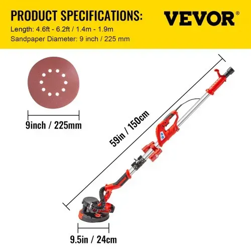 VEVOR Exzenterschleifer 225 mm, Schleifmaschine Werkzeug 710W, Schleifmaschine 800-1750 U / min 3m Netzkabel mit LED-Scheinwerfern am Griff, Vakuumbeutel, Handschuhe, Schutzbrille – Bild 6