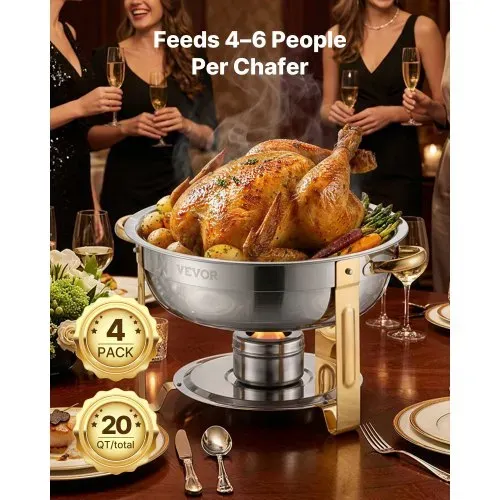 VEVOR Chafing Dish Buffet Speisenwärmer mit 4 Behältern in voller Größe (4,7 L pro), runder Catering-Wärmespender mit Deckel & Wasserpfanne & klappbarer Ständer, für Hochzeiten Partys Golden – Bild 3