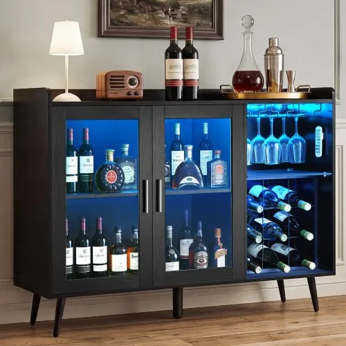 VEVOR Weinschrank mit Gläserhaltern, Buffet-Sideboard mit Dimmbarer LED-Beleuchtung und Flaschenregalen (für 9 Flaschen), Barschrank für Küche, Wohnzimmer und Esszimmer Weinbarschrank Schwarz VEVOR Weinschrank mit Gläserhaltern, Buffet-Sideboard mit Dimmbarer LED-Beleuchtung und Flaschenregalen (für 9 Flaschen), Barschrank für Küche, Wohnzimmer und Esszimmer Weinbarschrank Schwarz