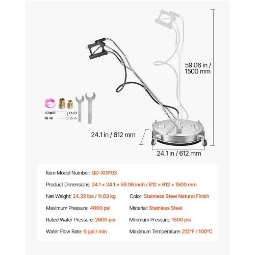 VEVOR 612 mm Hochdruckreiniger-Oberflächenreiniger, Flächenreinigungsaufsatz aus Edelstahl mit 4 Rädern, max. 275,79 Bar, 0,95 cm Anschlussstück, 2 Sprühdüsen für Betonterrassen-Gehwege – Bild 6