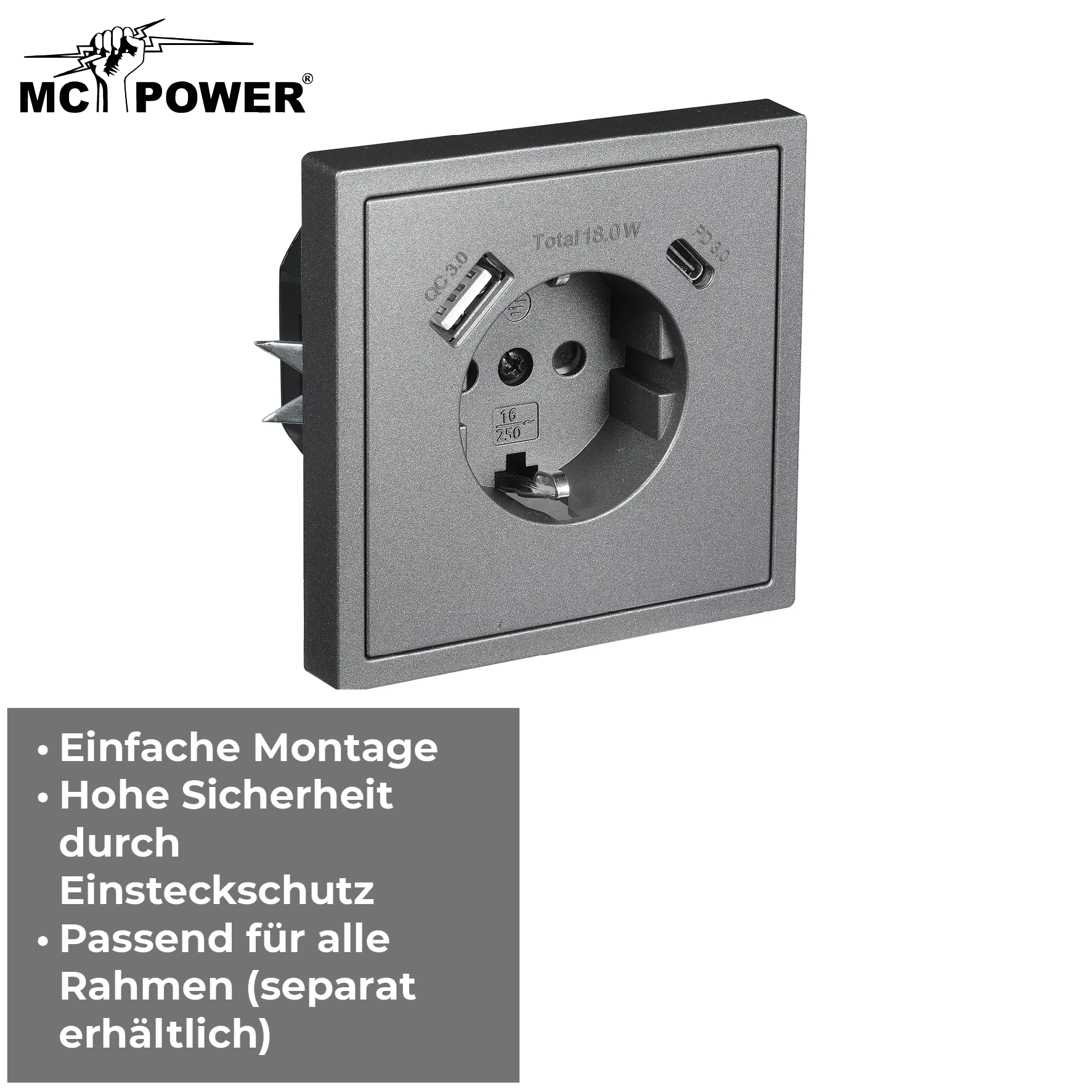 Schutzkontakt-Steckdose McPower ''Shallow'' 1x USB-C - 18W Quickcharge - 1x USB-A – Bild 4