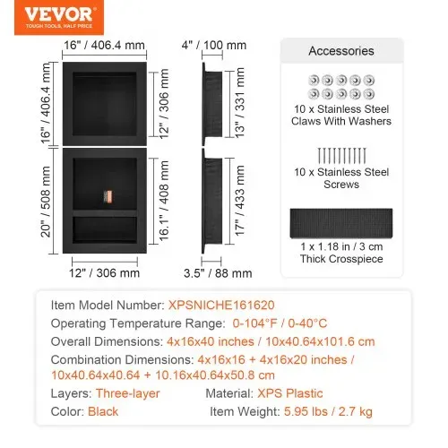 VEVOR Wandnische 10x40,64x101,6cm Duschnische Nische Befliesbar Dreilagig Wasserdicht Nischeneinbau Rückwandmaterial (XPS, Holz, Zement) Geeignet für Badezimmer Schlafzimmer Arbeitszimmer – Bild 6