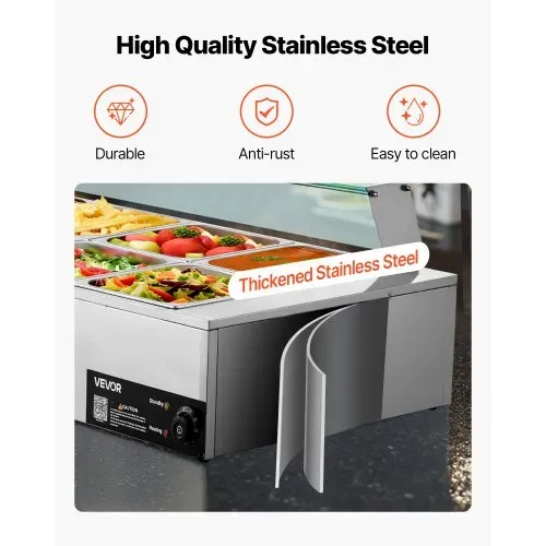 VEVOR kommerzieller Speisenwärmer (10 x 1/2 Größe Behälter), 1,7 kW elektrischer Wärmebehälter aus Edelstahl mit Glasabdeckung & Suppenkelle, Chafing Dishes für Catering Restaurant Party – Bild 4