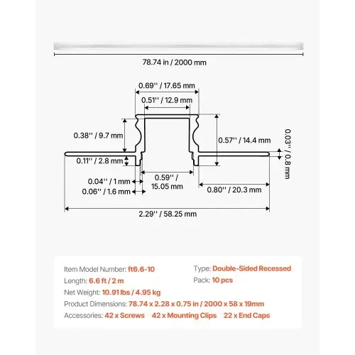 VEVOR LED Profil 10er-Pack 2 m, Eloxierte Trockenbauprofil mit Milchiger Abdeckung, Endkappen & Befestigungsclips, Deckenprofil, Diffusor Einbau in Gipskarton, Aluminiumprofile für Wand & Decke – Bild 6