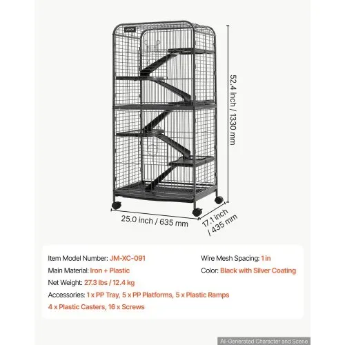 VEVOR Kleintierkäfig Frettchenkäfig Kleintiergehege 635x435x1330 mm, Frettchen Chinchillas Gleithörnchen Kleine Katzen & Kaninchen 6-Stöckig 25,4 mm Drahtabstand Feststellbare Schwenkrolle – Bild 6