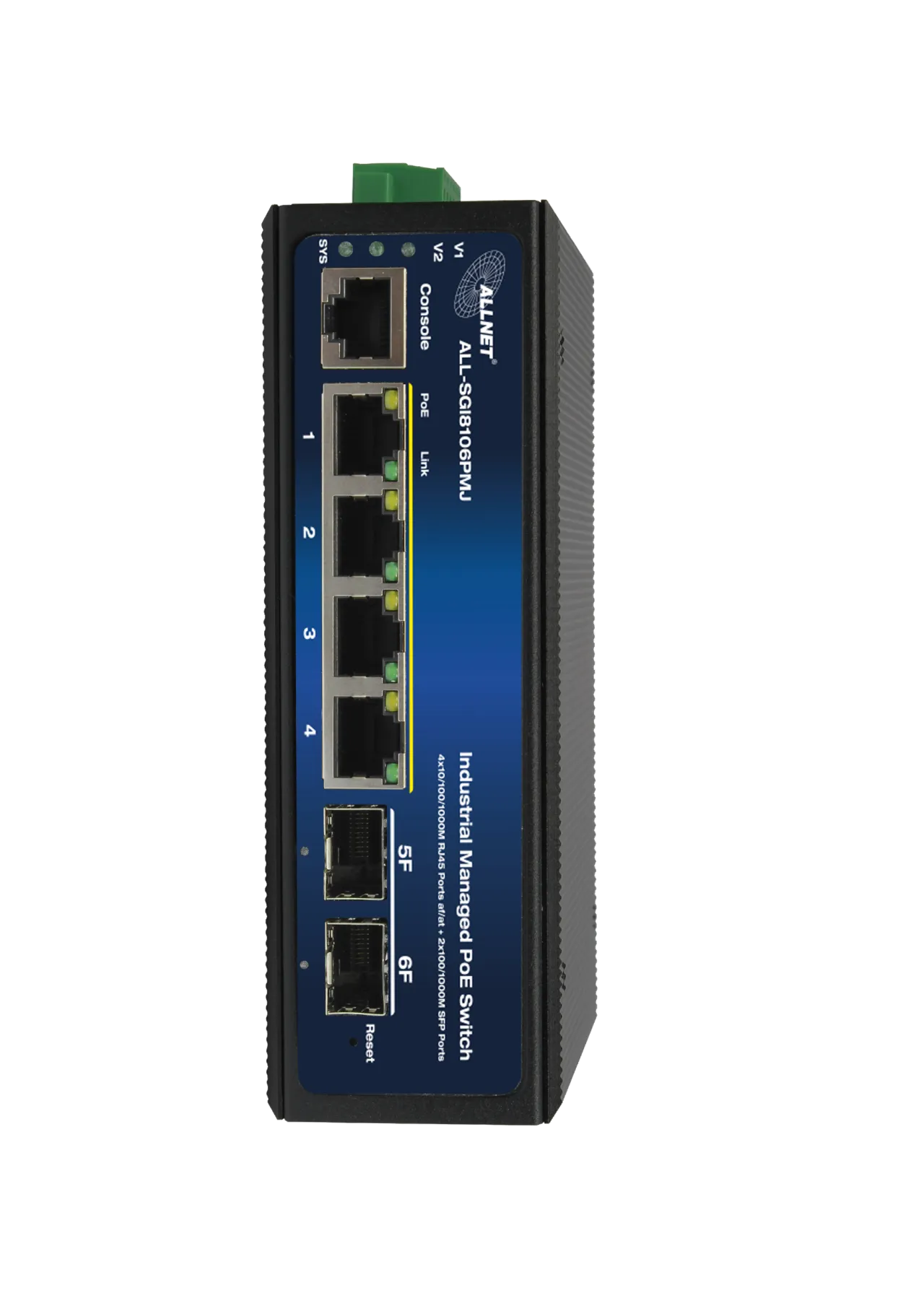 ALLNET Switch industrial full managed Layer2+ 6 Port GbE • PoE Budget 360W • 4x PoE bt • 2x SFP • Lüfterlos • DIN • ALL-SGI8106PMJ-BT ALLNET Switch industrial full managed Layer2+ 6 Port GbE • PoE Budget 360W • 4x PoE bt • 2x SFP • Lüfterlos • DIN • ALL-SGI8106PMJ-BT