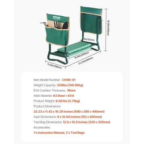 VEVOR Kniebank 590x290x490mm, Kniekissen 152 mm Kniepolster, Kniehilfe Gartenarbeit bis 150 kg, klappbarer Gartensitz mit 2 Werkzeugtaschen, Arbeitshocker lindert Knie- und Rückenschmerzen – Bild 6