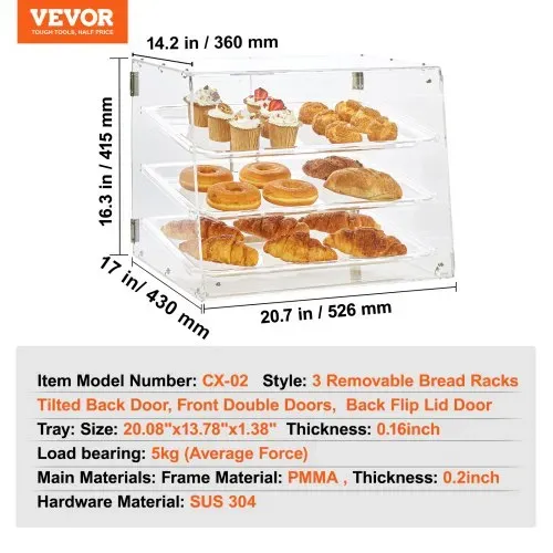 VEVOR 3-stöckige Gebäck-Vitrine, Kommerzielle Bäckerei-Vitrine 526 x 430 x 415 mm, Bäckerei-Vitrine, Acryl-Vitrine mit Zugang zur Hintertür & Abnehmbaren Regalen, für Donut-Bagels, Kuchen, Kekse usw. – Bild 6