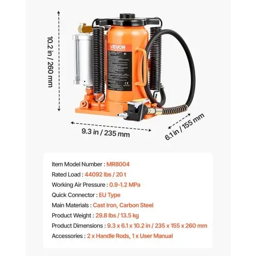 VEVOR pneumatischer Flaschenwagenhebr Wagenheber 20 t Kapazität 260–495 mm Hubbereich, lufthydraulischer/manueller Stempelwagenheber Wagenheber mit Pumpe für SUV Pickup Lkw Wohnmobil Autoreparatur – Bild 6