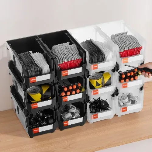 VEVOR Stapelboxen, 377 x 215 x 180 mm (12er-Pack), Sichtlagerboxen, Sichtlagerkasten zum Organisieren & Aufbewahren von Kleinteilen, Bürobedarf & anderem Zubehör, schwarz & transparent – Bild 7