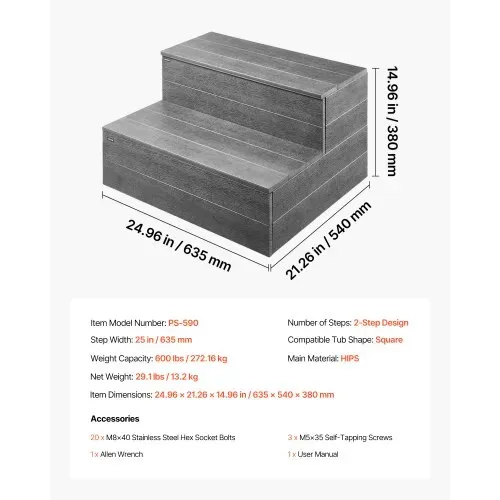 VEVOR Badewannenstufe Pooltreppe 2-stufige Außentreppe, 635 mm breite HIPS-Leiter für oberirdische/aufblasbare Pools mit 272,16 kg Tragkraft, vielseitig einsetzbar für Veranda Terrasse Wohnmobile – Bild 6