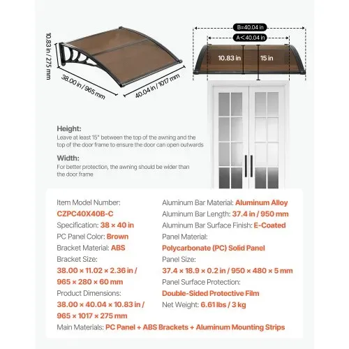 VEVOR Vordach für Haustür 965x1017 mm, Pultbogenvordach, Pultvordach mit Entwässerung & ABS-Halterung, Regen-, Schnee- & Sonnenschutz, Polycarbonat-Türüberdachung für Veranda & Terrasse, Braun – Bild 6