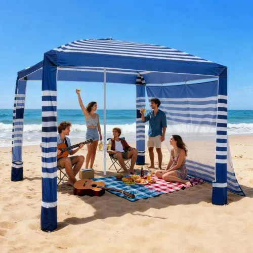 VEVOR Strand-Cabana, 2,4 x 2,4 m Strandüberdachung mit Seitenwand, UPF 50+ Sonnenschutz, Cabana mit Sandsäcken, höhenverstellbarer & tragbarer Sonnenschutz für Familie, marineblaue Streifen VEVOR Strand-Cabana, 2,4 x 2,4 m Strandüberdachung mit Seitenwand, UPF 50+ Sonnenschutz, Cabana mit Sandsäcken, höhenverstellbarer & tragbarer Sonnenschutz für Familie, marineblaue Streifen