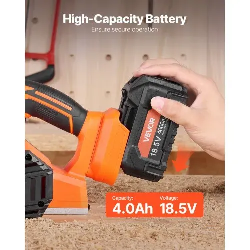 VEVOR Akku-Hobel, 82 mm Schnittbreite, 15000 U/min Elektrohobel für Holz mit 4,0 Ah 18 V Lithium-Akku, bürstenlosem Motor, einstellbarer Schnitttiefe, Staubfangbeutel, für die Holzbearbeitung – Bild 5