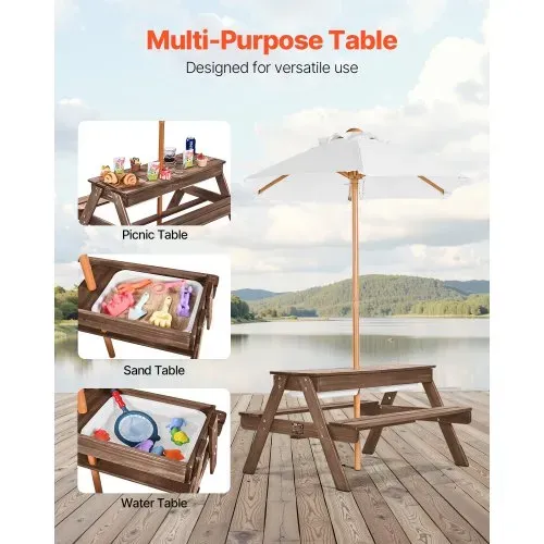VEVOR Picknicktisch mit abnehmbarem Sonnenschirm & 2 Bänken, Sitzgruppe Strandtisch Outdoor Gartenmöbel aus Holz Terrassen-Essmöbel für 4 Personen für Garten, Hinterhof und Veranda (Walnuss) – Bild 4