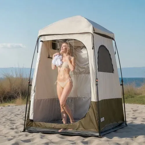 VEVOR Duschzelt mit 1 Raum, Wasserfestes Toilettenzelt (145x145x215 cm), Umkleidezelt inkl. Heringen & Seilen & Tragetasche & Querstange, aus 210D Oxford-Gewebe für Camping Strand Angeln Khaki – Bild 7