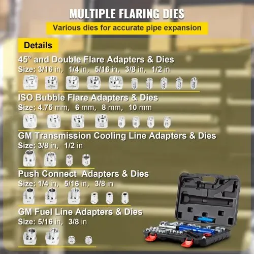 VEVOR 72485-PRC Hydraulisches Bremsleitung Bördelgerät 30-teilig Bördelwerkzeug Hydraulic flaring tool mit 45° Bördelkegel / 16 Matrizen & Adaptern für 3/16"-1/2" Kupferrohr – Bild 2