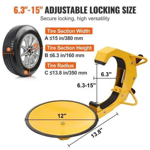 VEVOR Radschloss Autokralle 1 Stk.Reifenschloss, Passend für 160-380 mm Raddurchmesser Anti-Diebstahl, Anhänger-Radkralle mit 30 cm Saugnapf, Parkkralle für Autos, Lkw, SUVs, Camper, Boote Gelb – Bild 2
