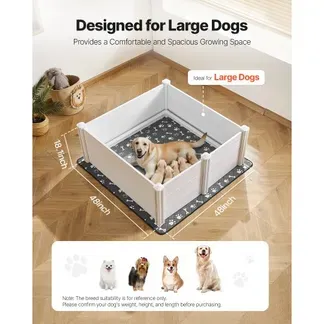 VEVOR Wurfkiste für Hunde, 122x122x46cm, Welpenlaufstall aus Kunststoff-PVC mit höhenverstellbarer Tür & waschbarer Pipi-Unterlage, verformungssicherer Welpenkiste für große Hunde, Milchweiß VEVOR Wurfkiste für Hunde, 122x122x46cm, Welpenlaufstall aus Kunststoff-PVC mit höhenverstellbarer Tür & waschbarer Pipi-Unterlage, verformungssicherer Welpenkiste für große Hunde, Milchweiß