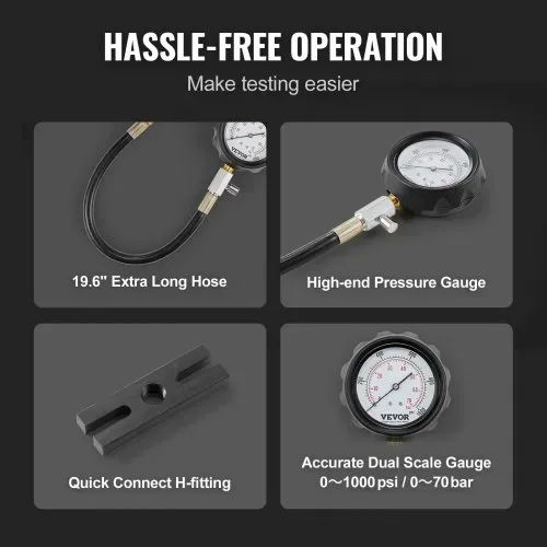 VEVOR Kompressionsmesser Kompressionstester Kompressionsprüfer Testgerät Kompressionsmessgerät mit einem 80-mm-Manometer 0–1000 PSI und 0–70 bar Verdichtungsmesser inkl. 4x Adapter – Bild 3