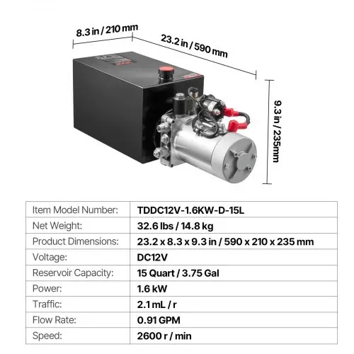 VEVOR 15 Qt Hydraulikaggregat einfachwirkende Kippanhängerpumpe, maximaler Öffnungsdruck 22 MPa und Fördermenge 3,4 L/min, 12 V DC Hydraulikpumpe mit Metallbehälter für Kippanhänger Schwarz – Bild 6