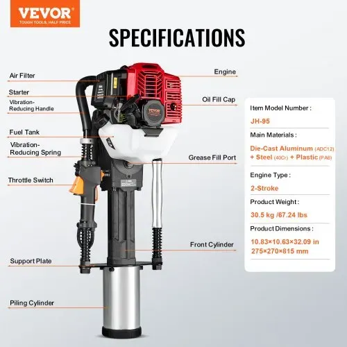 VEVOR 52ccm T-Pfostenramme mit Benzinantrieb, Zaunramme mit 2-Takt-Motor, tragbare 1400-W-Pfostenramme mit 3 Pfosten-Rammköpfen (49/69/100 mm), für Bauernhöfe, Ranchzäune, Straßenverbesserungen – Bild 6