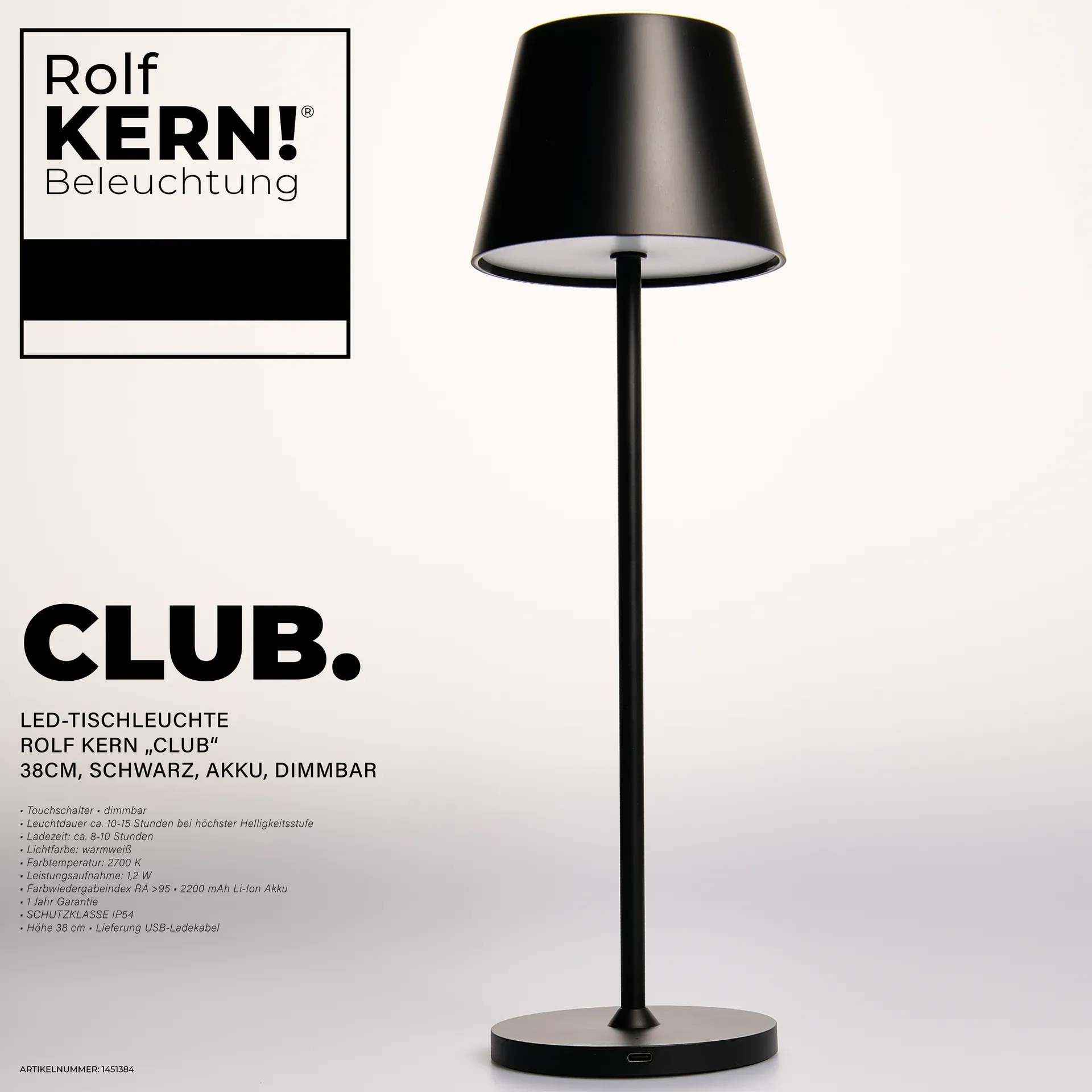 LED-Tischleuchte ROLF KERN Club 38cm, schwarz, Akku, dimmbar – Bild 2