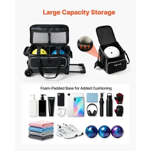 VEVOR 1 Bowlingtasche mit Rollen + 1 Bowlingtasche (Mini) für 2+1 Kugeln 600D Oxford Weiß Schwarz, für Schuhe bis US-Größe 16 und Zubehör, mit Teleskopgriff (bis zu 1016 mm) und Doppellagigen Ablagen – Bild 4
