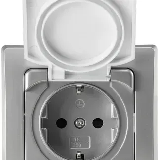 DELPHI Schutzkontakt-Steckdose IP44 250V~/ 16A, inkl. Rahmen, UP, silber DELPHI Schutzkontakt-Steckdose IP44 250V~/ 16A, inkl. Rahmen, UP, silber