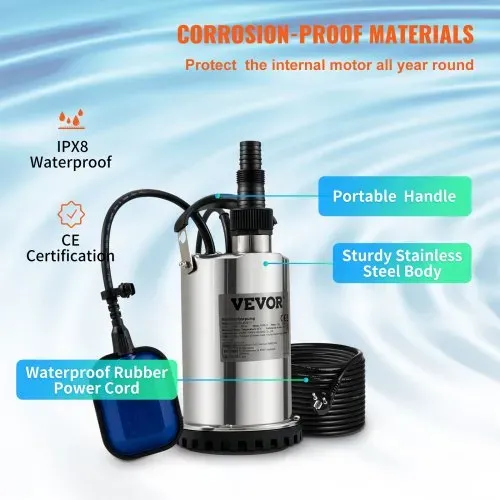 VEVOR Schmutzwasserpumpe 550W Tauchpumpe 230V Gartenpumpe Durchfluss 9500L/h Schmutzwassertauchpumpe IPX8 Auslass zuschneidbar zum Pumpen von Wasser aus Schwimmbädern Teichen Kellern – Bild 3
