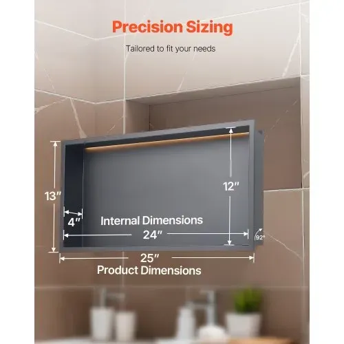 VEVOR Duschnische, 10,16x33,02x63,5 cm, versenkte Wandnische mit LED-Streifen, Shampoo-Aufbewahrungs-Organizer aus Edelstahl, langlebig & einfach zu installieren, schwarz für Badezimmer – Bild 5