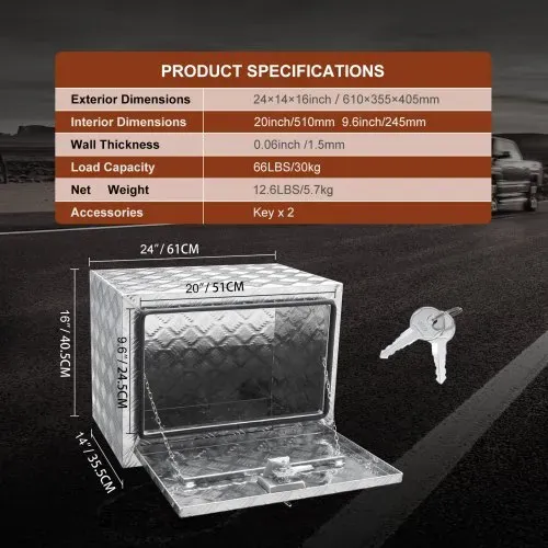 VEVOR Unterboden-Lkw-Box, 610 x 335 x 405 mm Pickup-Aufbewahrungsbox, Aluminium-Werkzeugkasten mit Schloss & Schlüsseln, Wasserdichte Anhänger-Werkzeugkiste für Lkw, Transporter, Anhänger usw. – Bild 6