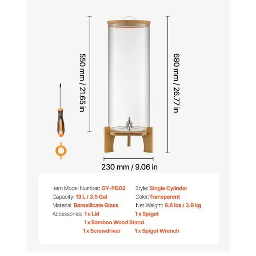 VEVOR Getränkespender (1 x 13 L) für Partys Saftspender (aus Glas) mit Holzständer & Zapfhahn Wasserspender für Restaurants Partys, Limonade Eistee selbstgemachte Getränke Spender – Bild 6