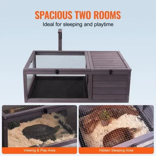 VEVOR Schildkrötenhabitat, Schildkrötenhaus aus Holz für drinnen und draußen, Schildkrötengehege mit hängendem Lichtständer, 2-Zimmer-Reptiliengehege, Kleintierkäfig für Geckos, Eidechsen, Schlangen, 96,5 x 61 x 33 cm – Bild 3