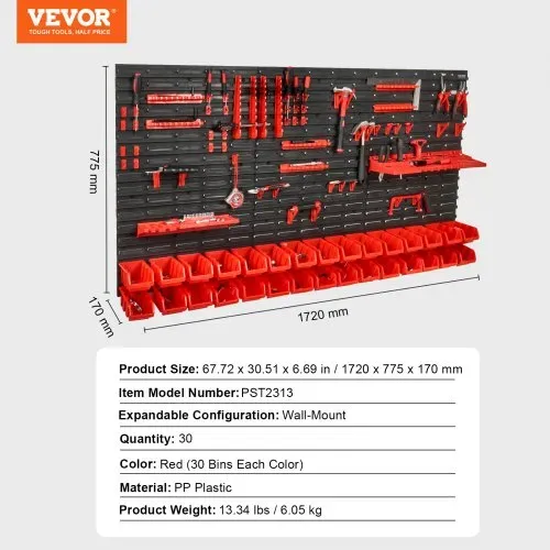 VEVOR Stapelboxen, 30-Behälter-Teileregal-Organizer für Garage, Kunststoff-Ladenwerkzeug mit Wandpaneelen/Werkzeughaltern/Haken, für Muttern, Bolzen, Schrauben, Nägel, Perlen, Knöpfe, Schwarz/Rot – Bild 6