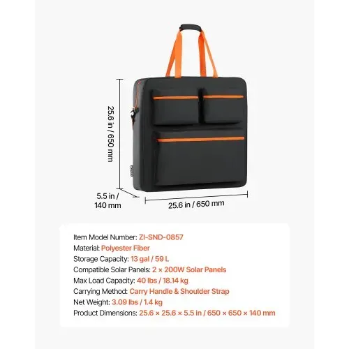 VEVOR Aufbewahrungstasche für 2x 200W Faltbare Solarpanele Schwarz & Orange, Tragbare Solarmodul Tasche für Outdoor Camping Ausflug & Wohnmobile, aus Polyesterfaser, Wasserdicht, mit Schultergurten – Bild 6