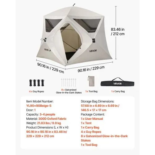 VEVOR Campingzelt 4-Personen, Pop-Up-Zelt mit Netzfenstern, Familienzelt Schneller Aufbau in 60 Sekunden, Tragbares Cabin Hub Zelt mit Tragetasche für Familien-Camping & Wandern, 229x229x212 cm – Bild 6