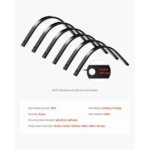 VEVOR Ersatzzinken für Rasentraktor Heuharke, 6er-Pack, Bolzenbefestigung, Steinrechenzinken, ein 11 mm Bolzenloch, hochfester & wärmebehandelter Stahl, Harkenzinken, Ersatzteile für Heurechen – Bild 6