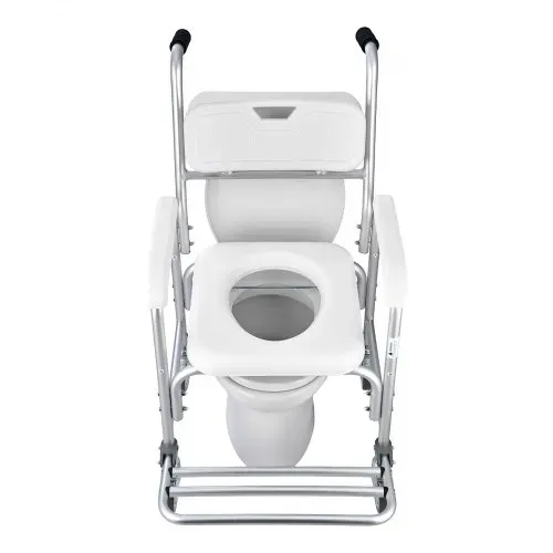 VEVOR Nachttoilettenstuhl 159 kg belastbar, rollbare Toilettensitzerhöhung mit gepolsterter Sitzfläche/Rückenlehne/hochklappbarer Fußstütze, abnehmbarer 5 L Eimer, Duschrollstuhl für Senioren – Bild 10