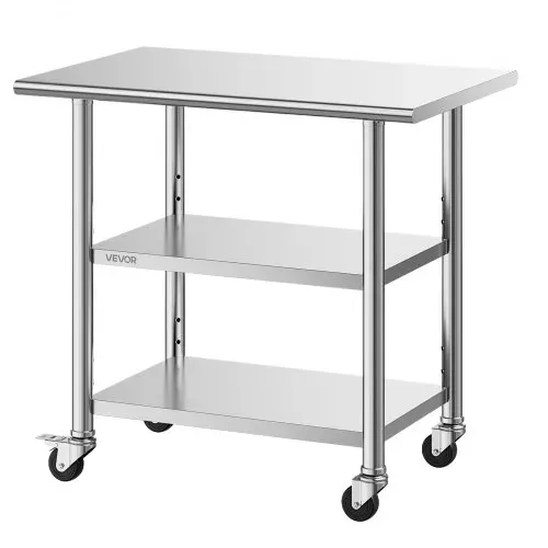 VEVOR Gasto Arbeitstisch 915 x 610 x 864 mm, Edelstahltisch mit 3 Ebenen & Rollen & Höhenverstellbaren Ablagen Belastbarkeit Top 227 kg & 2 Unterablagen je 191 kg Vorbereitungstisch für Restaurant – Bild 9