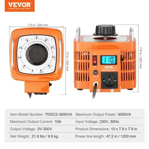 VEVOR 3000VA automatischer Stelltransformator mit variabler Spannung, 10 Ampere, 230 V Eingang, 0-300 V Ausgang, Wechselspannungsregler, mit LCD-Display, 4 zusätzlichen Sicherungen – Bild 6
