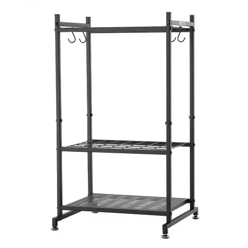 VEVOR Gartengeräte Ständer 440x405x760mm Gerätehalter aus Metall Schwarz, Aufbewahrungsregal für Garage Schuppen Garten, Organizer für Besen Mopp, mit Doppelschichtschlitzen 4 Haken & Nivellierfüßen – Bild 9