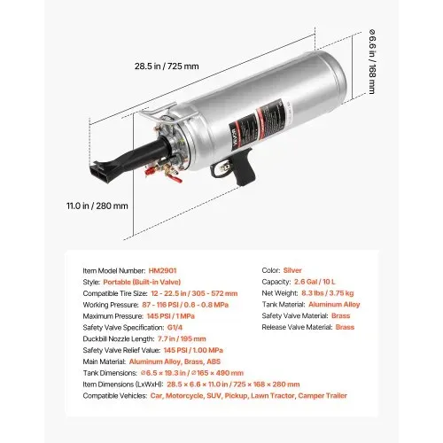 VEVOR Reifenwulstsetzgerät 10 L Luft-Reifenwulststrahlgerät Luftwulstblaster Hand-Reifenfüllwerkzeug, verbessertes tragbares Reifenfüllgerät, 0,6-0,8 MPa für Auto Motorrad SUV Pickup ATV Silber – Bild 6