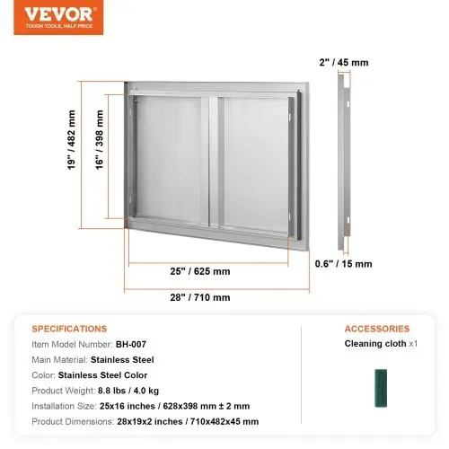 VEVOR Grill-Zugangstür, 710 x 482 mm, Doppelte Außenküchentür, Flächenbündig Montierte Edelstahltür, Vertikale Wandtür mit Versenkbaren Griffen, für Grillinsel, Grillstation, Außenschrank – Bild 6