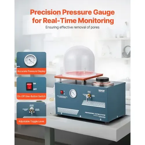VEVOR Vakuum-Einbettgussmaschine 400 ml mit 3 CFM-Pumpe & Glocke & Präzisionsmanometer, Metallschmuckgusswerkzeug Vakuumgussmaschine zum Gießen von Schmuck und Schmelzen (28 x 28 cm) 290 W Leistung – Bild 3
