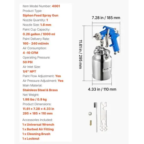 VEVOR Siphon-Lackierpistole, Spritzpistole mit hoher Zerstäubung, 1000-ccm-Farbsprüh-Set mit 1,8-mm-Düse, einstellbare Durchflussrate & Luftmenge für Auto-, Möbel-, Wand- und Hausanstrich – Bild 6