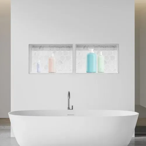 VEVOR Duschnische, 40,6 x 61 cm + 40,6 x 61 cm Wandnische mit beweglichem Regal, 10,2 cm dicker moderner Seifen- & Shampoo-Aufbewahrungs-Organizer, schwarz für Badezimmerdusche – Bild 7