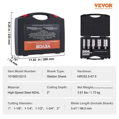 VEVOR Kronenbohrer-Set Metall 6 tlg. 1, 1-1/8, 1-1/4, 1-1/2, 1-3/4, 2 Zoll Kernbohrer-Satz 50,8 mm Schnitttiefe Ringschneider-Set, aus M2AL-Schnellarbeitsstahl Zubehör für Magnetbohrmaschinen – Bild 6