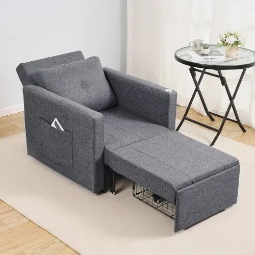 VEVOR Schlafsofa umbaubares Schlafbett mit Seitentasche & Kissen & Armlehne, Schlafsessel Einzelsessel mit 5-fach verstellbarer Rückenlehne, Einzel-Ausziehcouch mit 2 Rädern und Stauraum unten, Grau – Bild 7